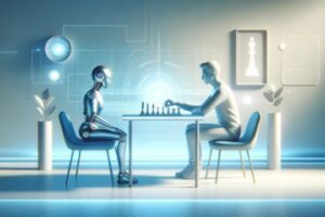 Ki Einsatz In Agenturen Computer Humanoid Robot Mensch mit Maschine Schach Brettspiel